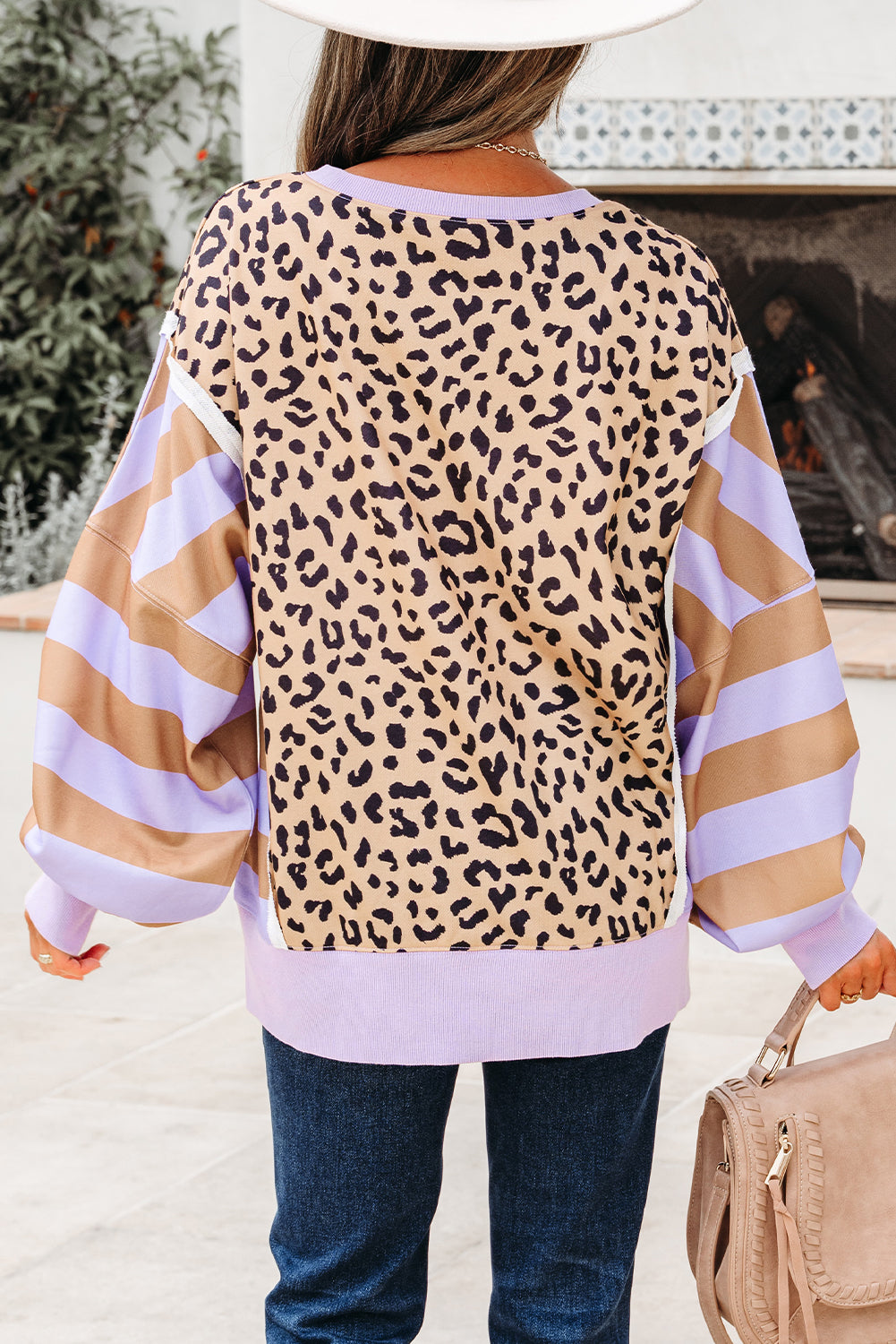 Purple Stripe Color Block Patchwork Leopard Casual Sweatshirt