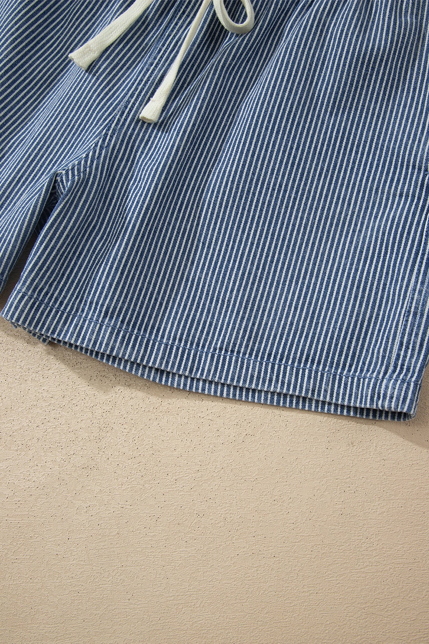 Blue Stripe Drawstring Denim Shorts