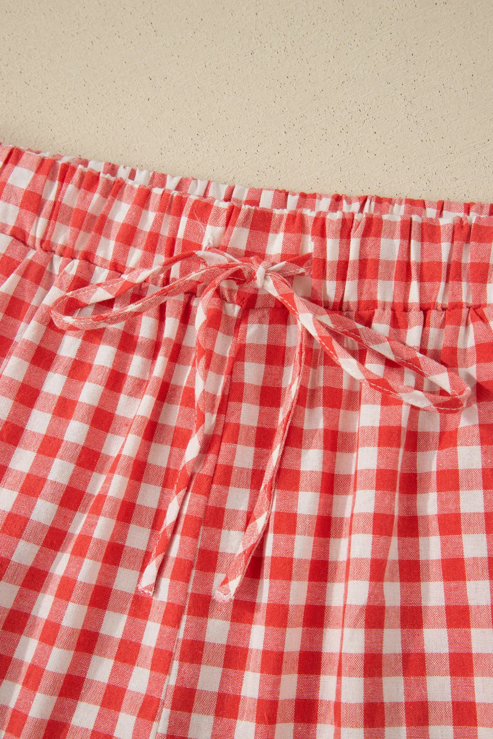 Red Gingham Plaid Tie Waist Lace Hem Casual Shorts