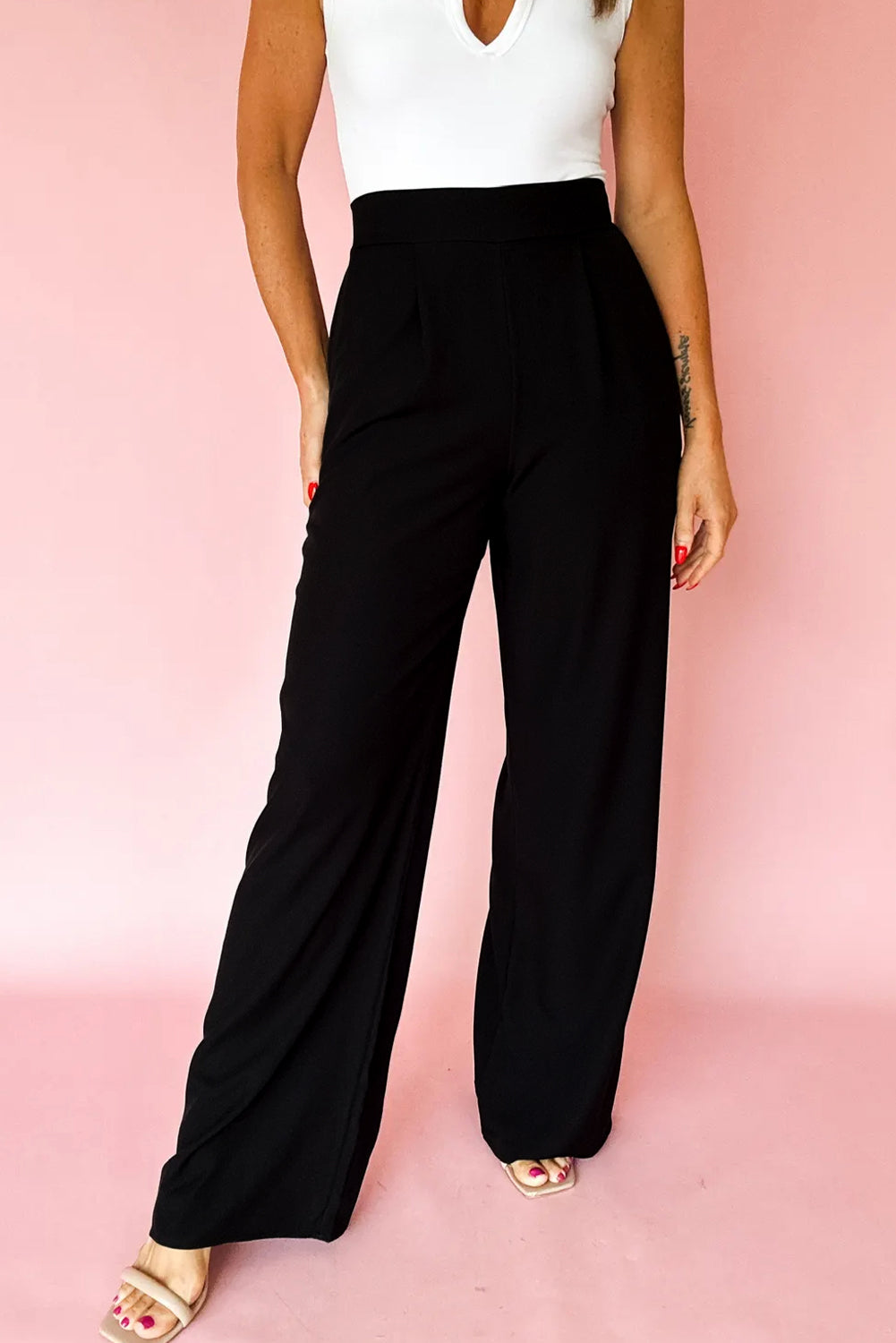 Black High Waist Pleated Straight Leg Pants