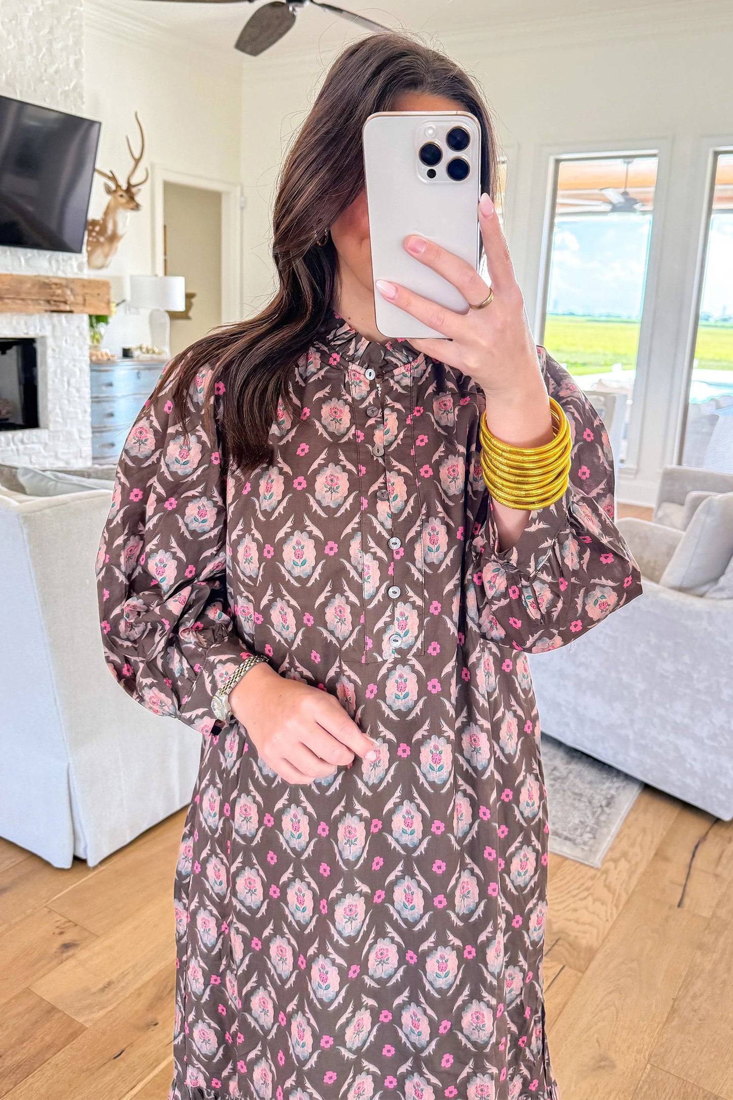 Brown Floral Button Front Ruffle Hem Midi Dress