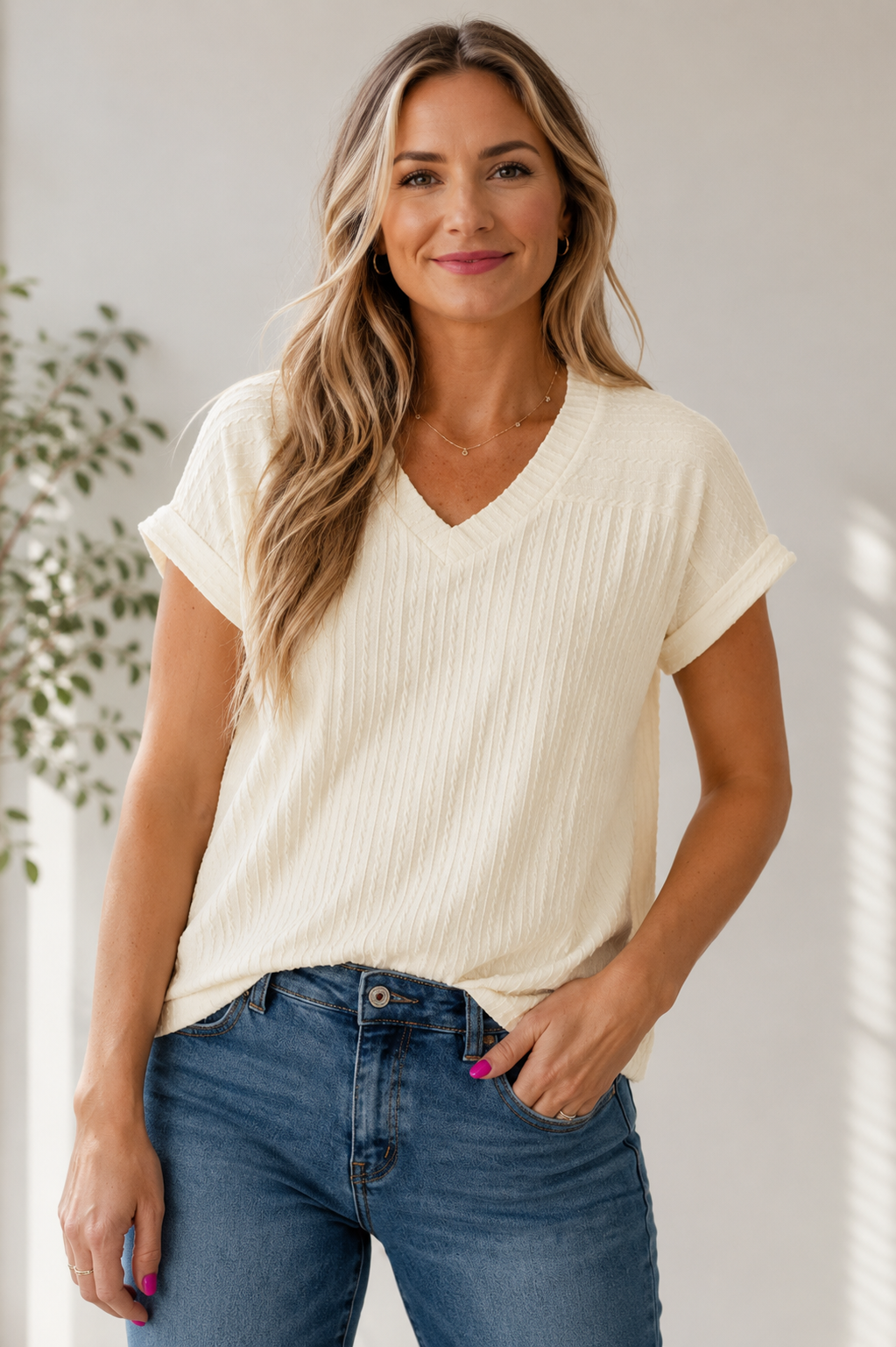 Beige Textured Knit V-Neck Top
