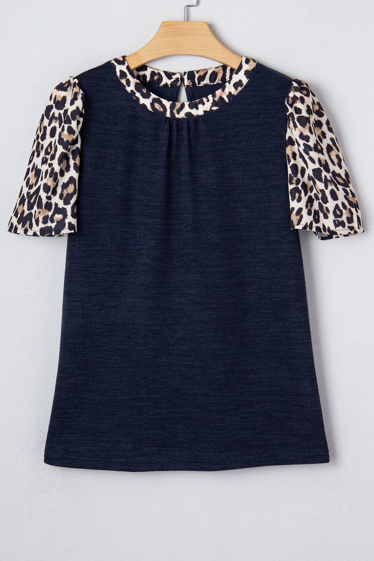 Navy Blue Ribbed Leopard Trim Short Sleeve Top
