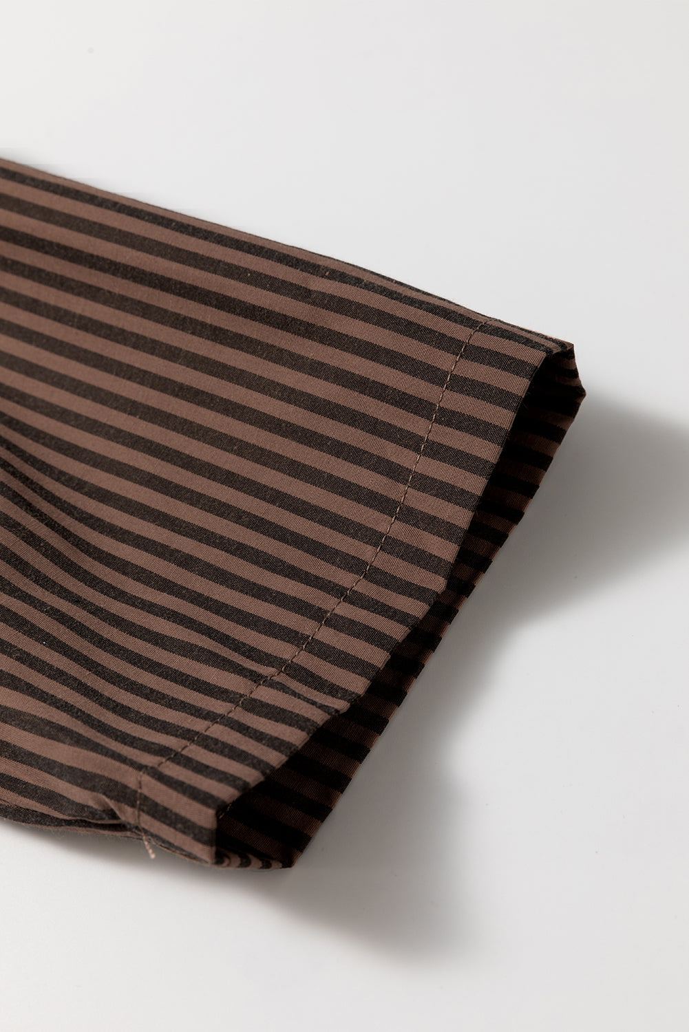 Brown Striped V Neck Roll Up Sleeve Pocket Patched Classic Shirt