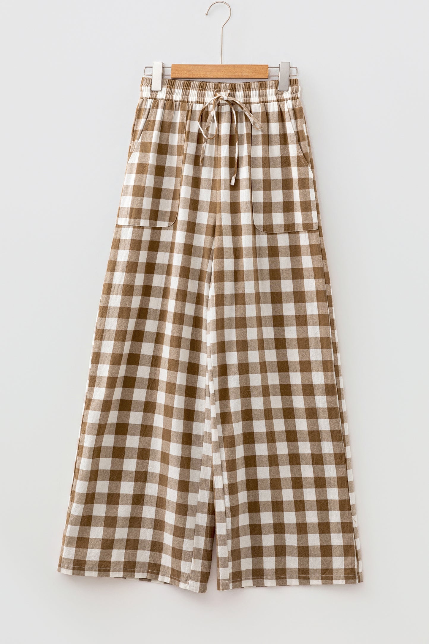 Brown Gingham Plaid Tie Elastic Waist Pants