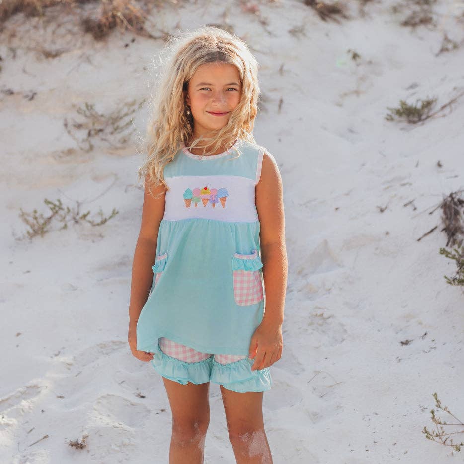 Kids Pastel Ice Cream Gingham Ruffle Spring Summer Short Set