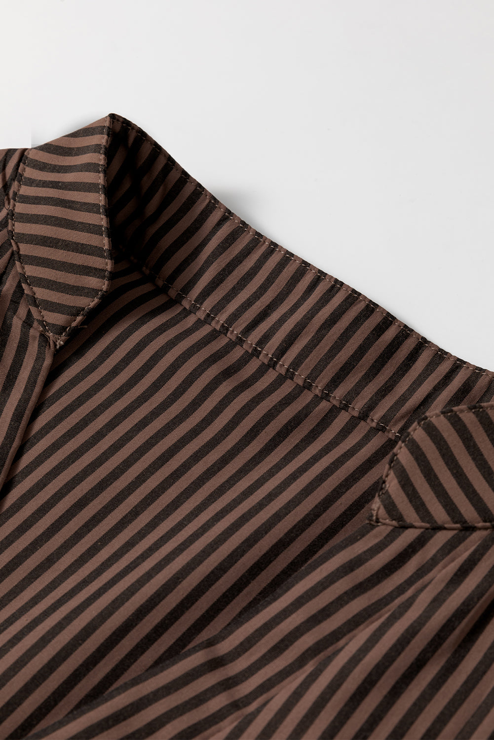Brown Striped V Neck Roll Up Sleeve Pocket Patched Classic Shirt