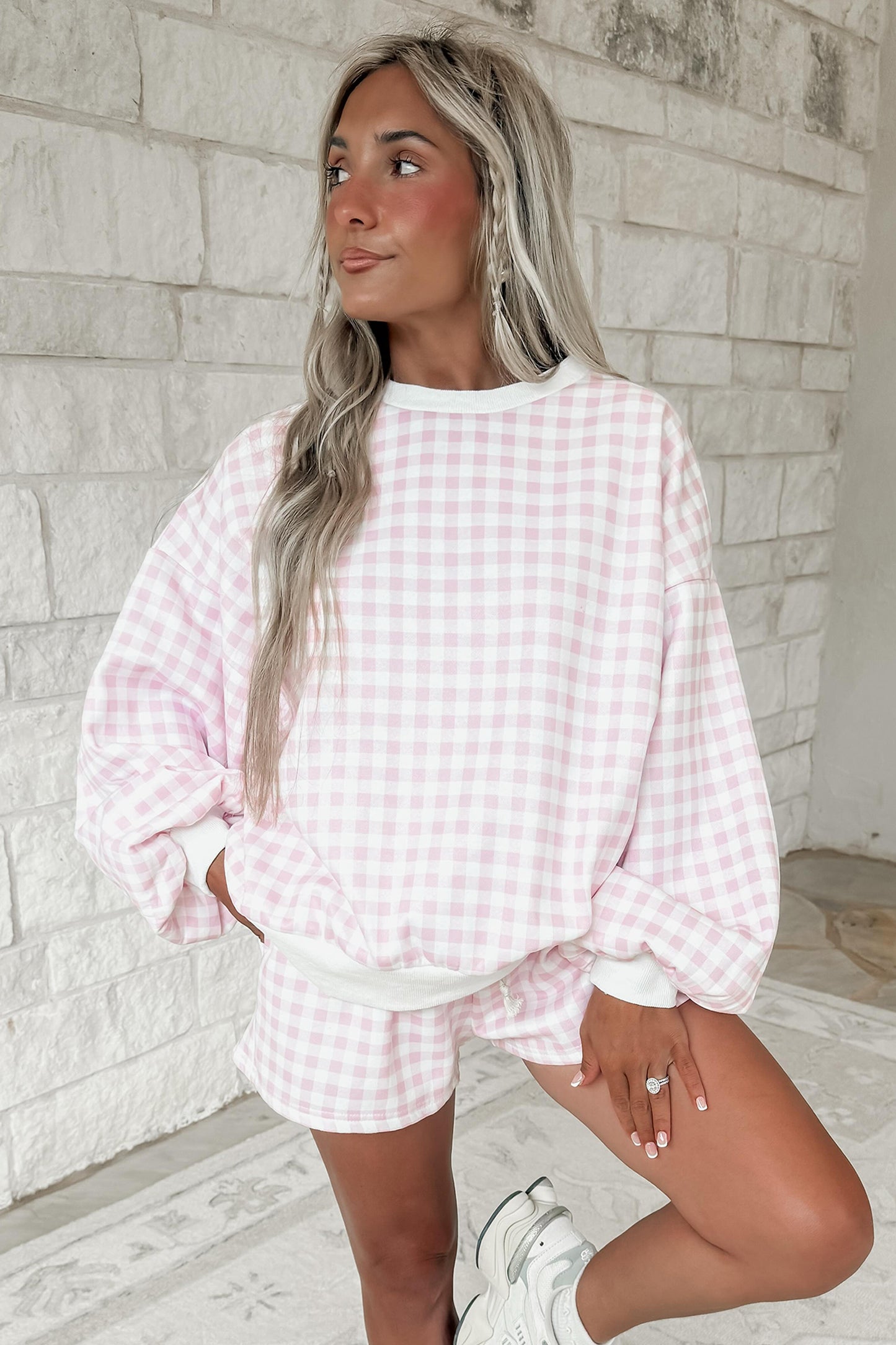 Pink Gingham Baggy Pullover Drawstring Casual Short Set