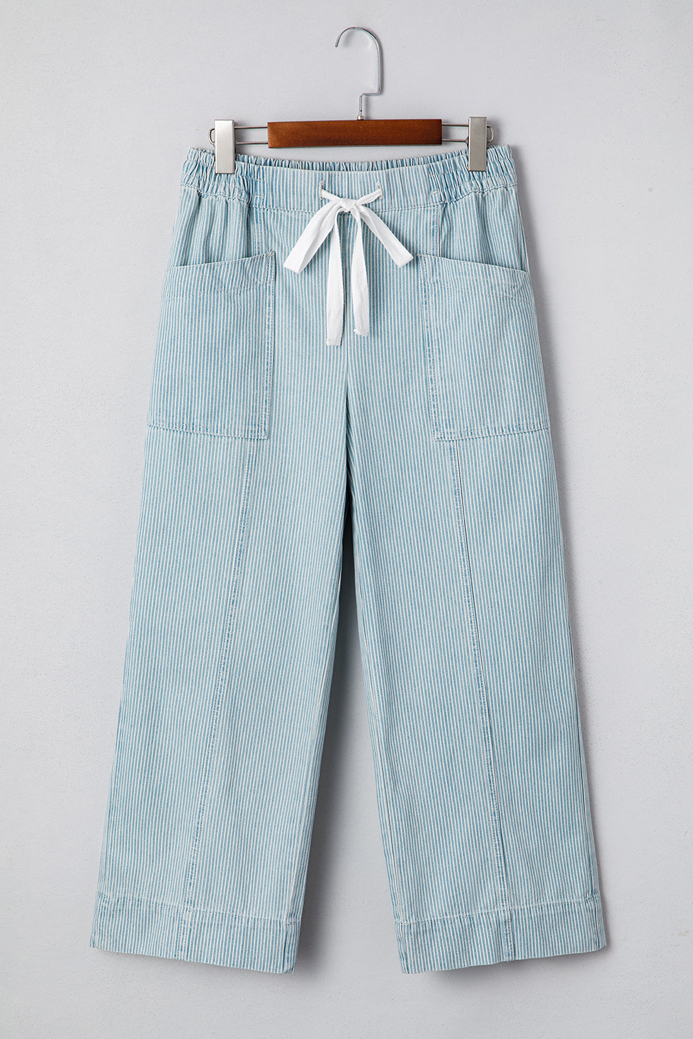 Blue Stripe Mid Rise Drawstring Waist Jeans