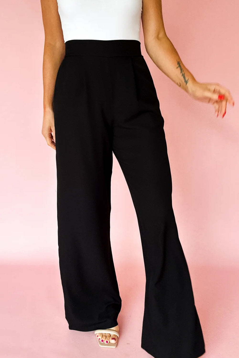 Black High Waist Pleated Straight Leg Pants