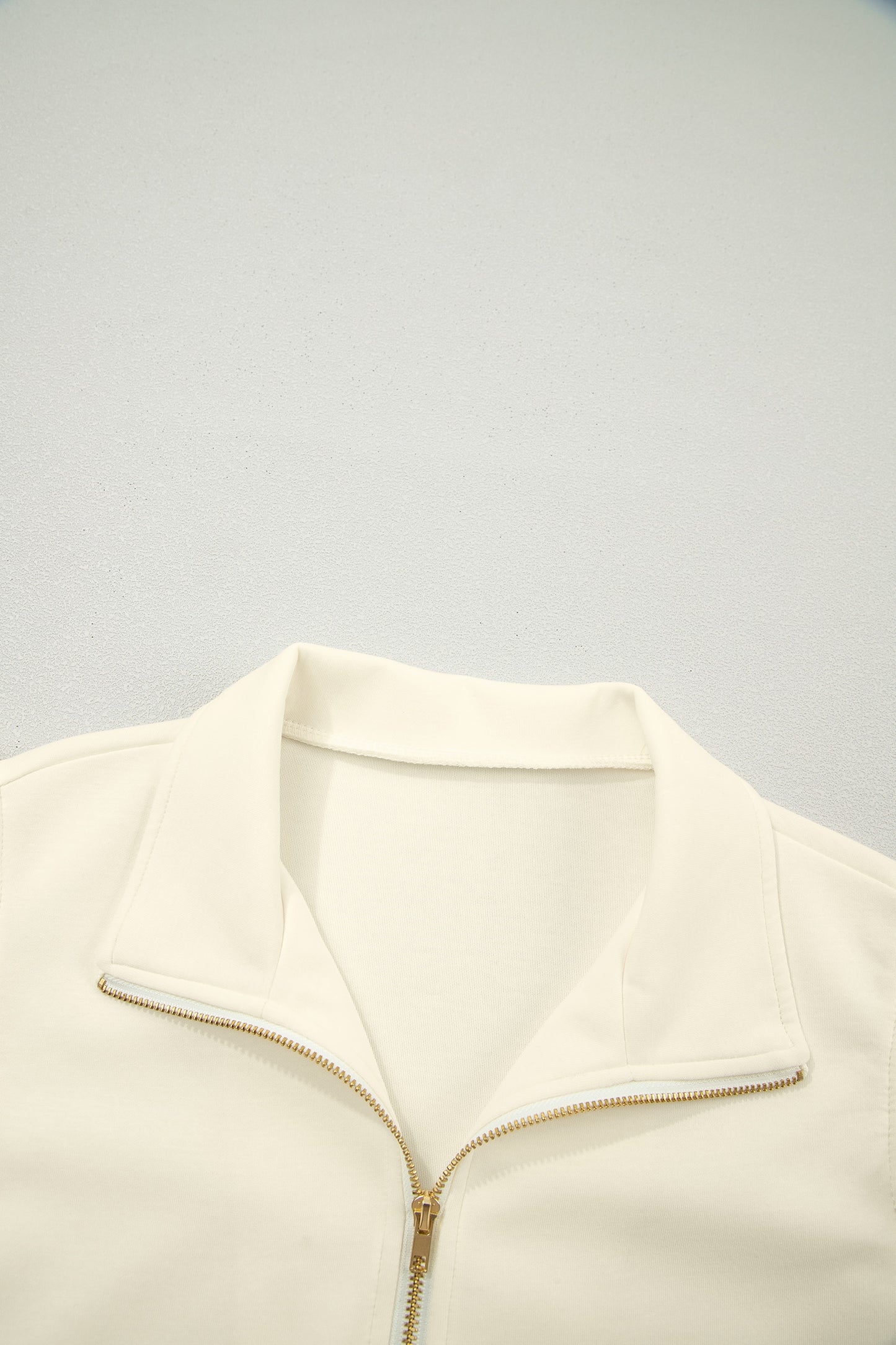 Beige Quarter Zip Collared Ruffled Short Sleeve Blouse
