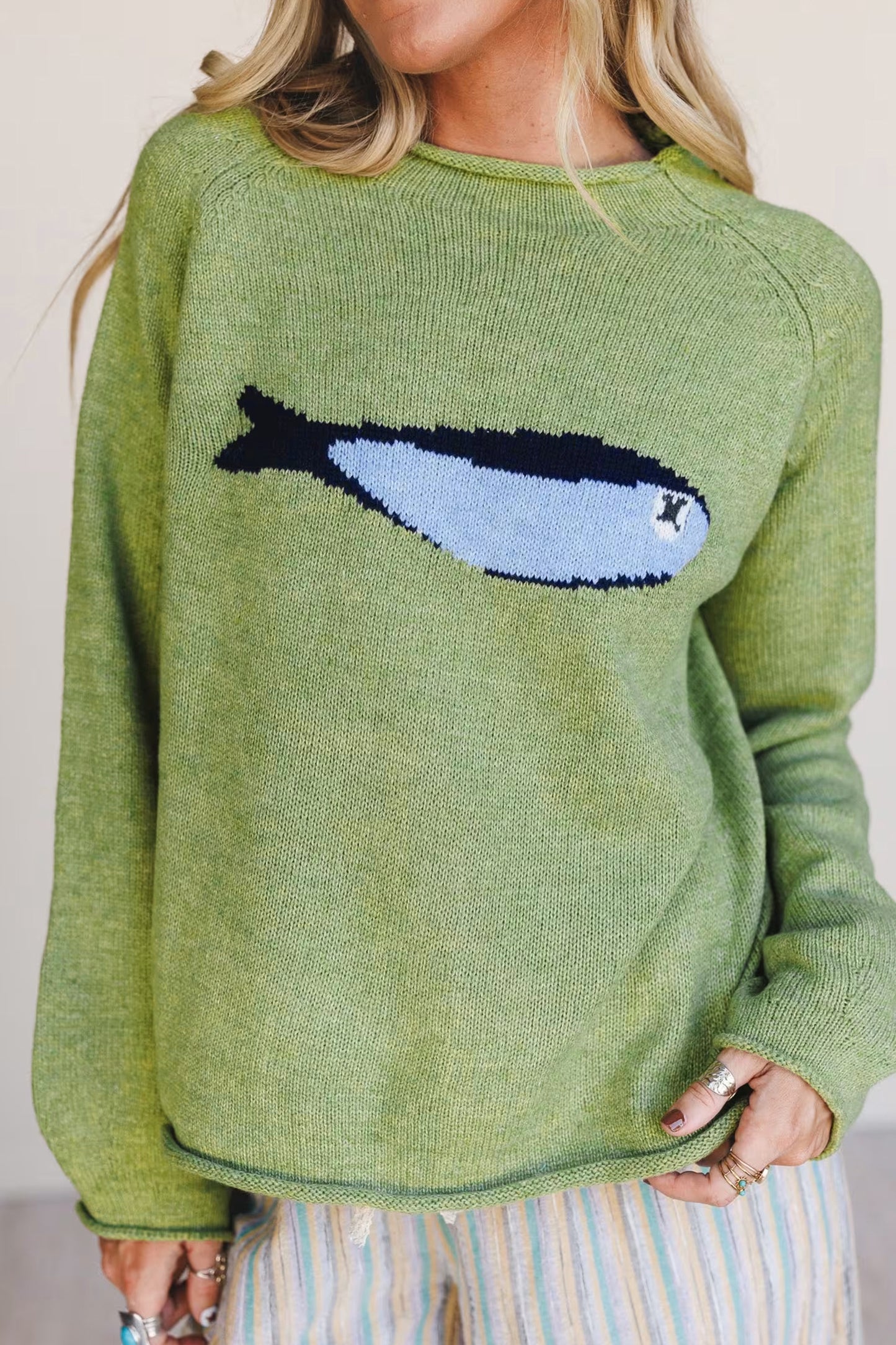 Green Fish Knit Oversized Crew Neck Sweater