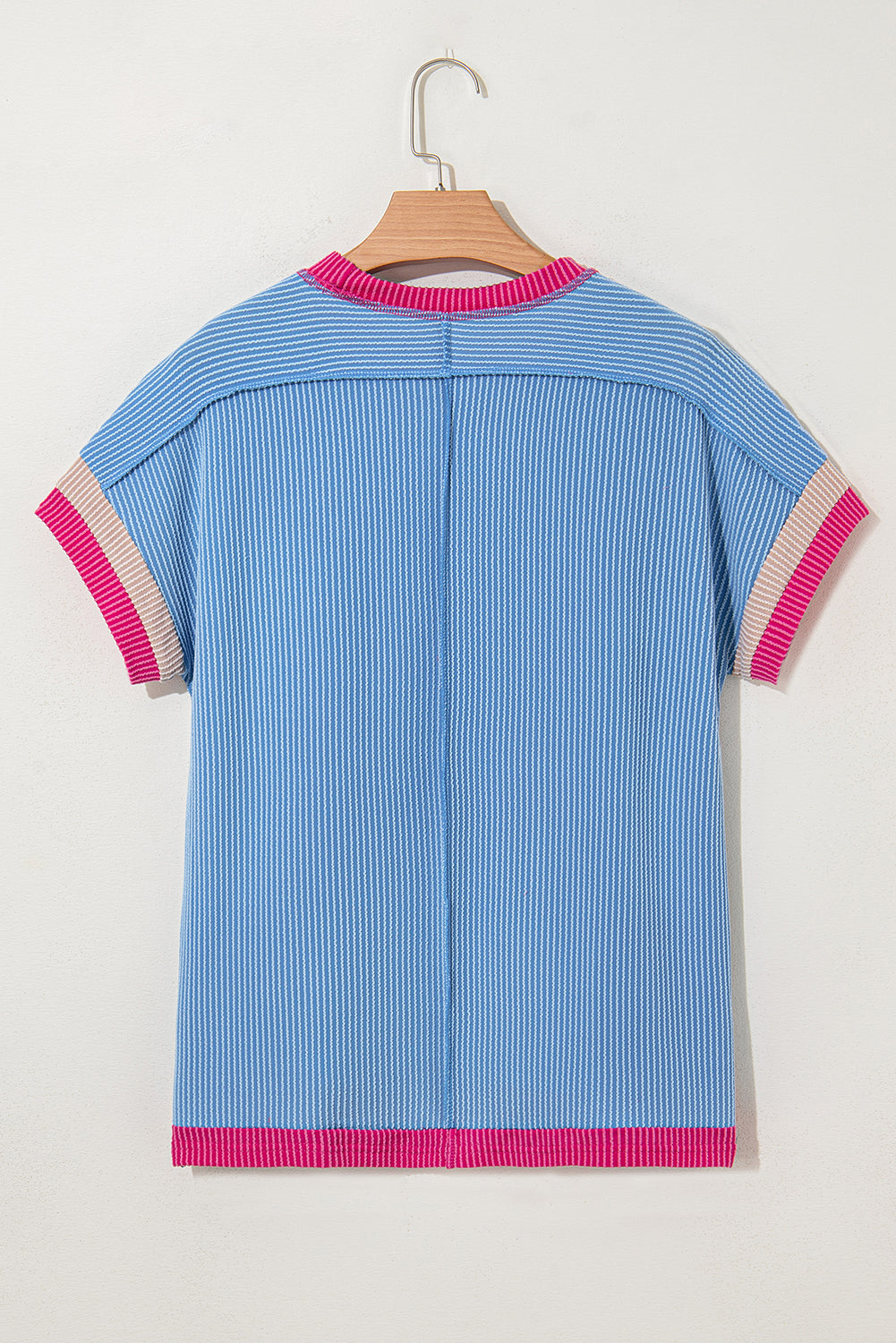 Blue Textured Contrast Trim Round Neck Shirt