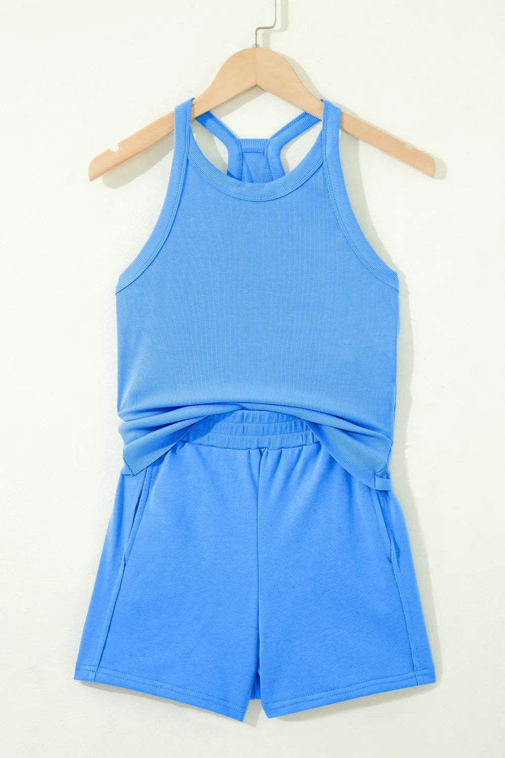 Blue Ribbed Tank & Shorts Set