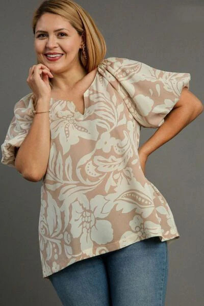 UMGEE Split Neck Floral Print Top
