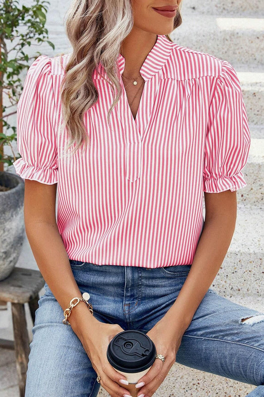 Pink Stripe Frilled Puff Sleeve Blouse