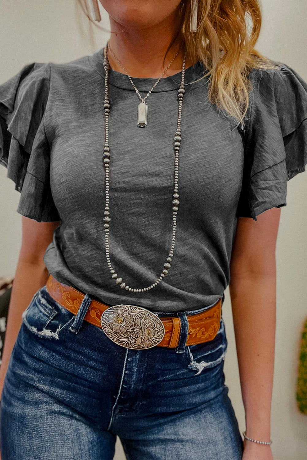 Dark Grey Layered Ruffle Sleeve Top