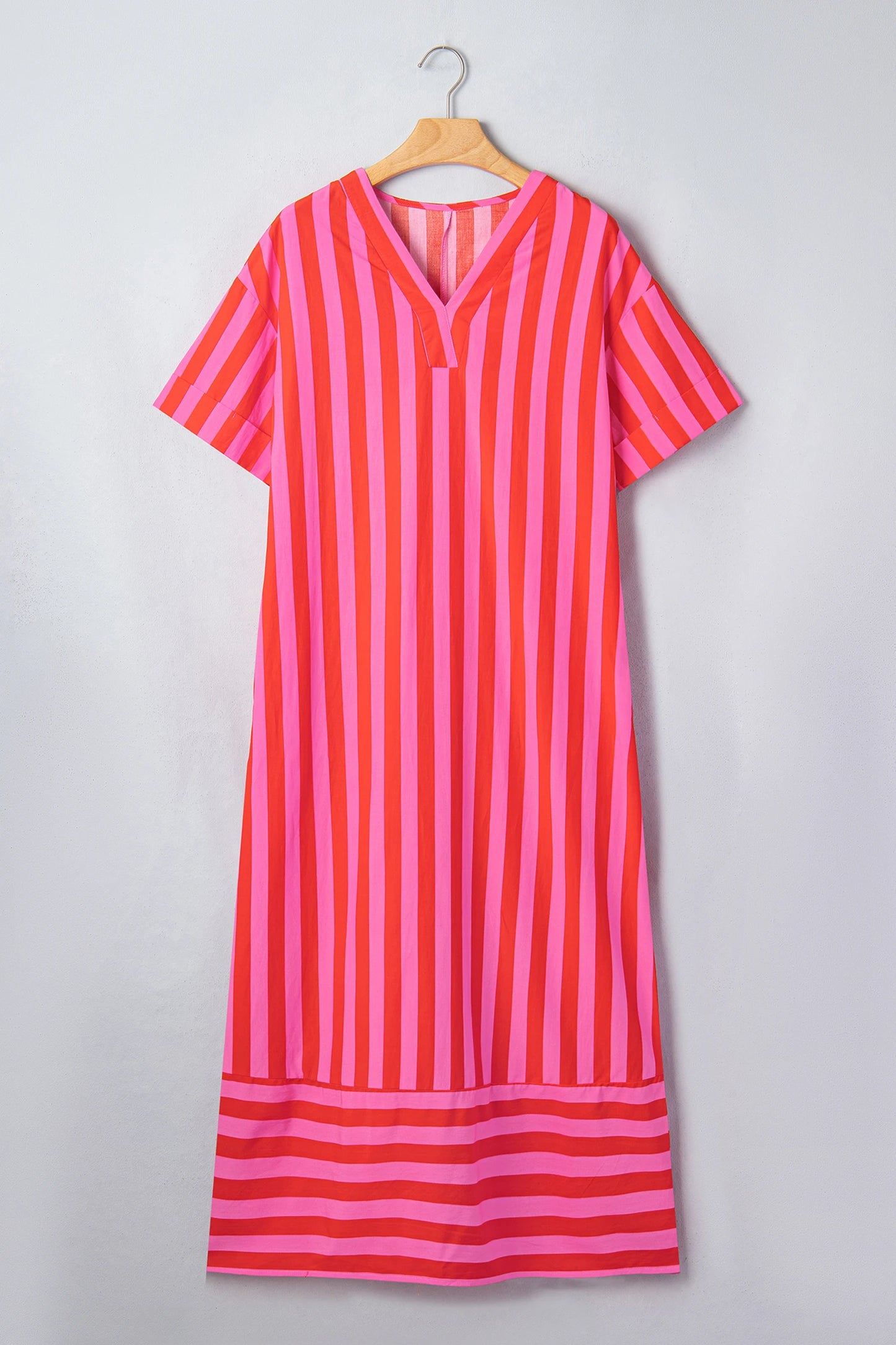 Pink Red Striped Midi Dress with Pockets
