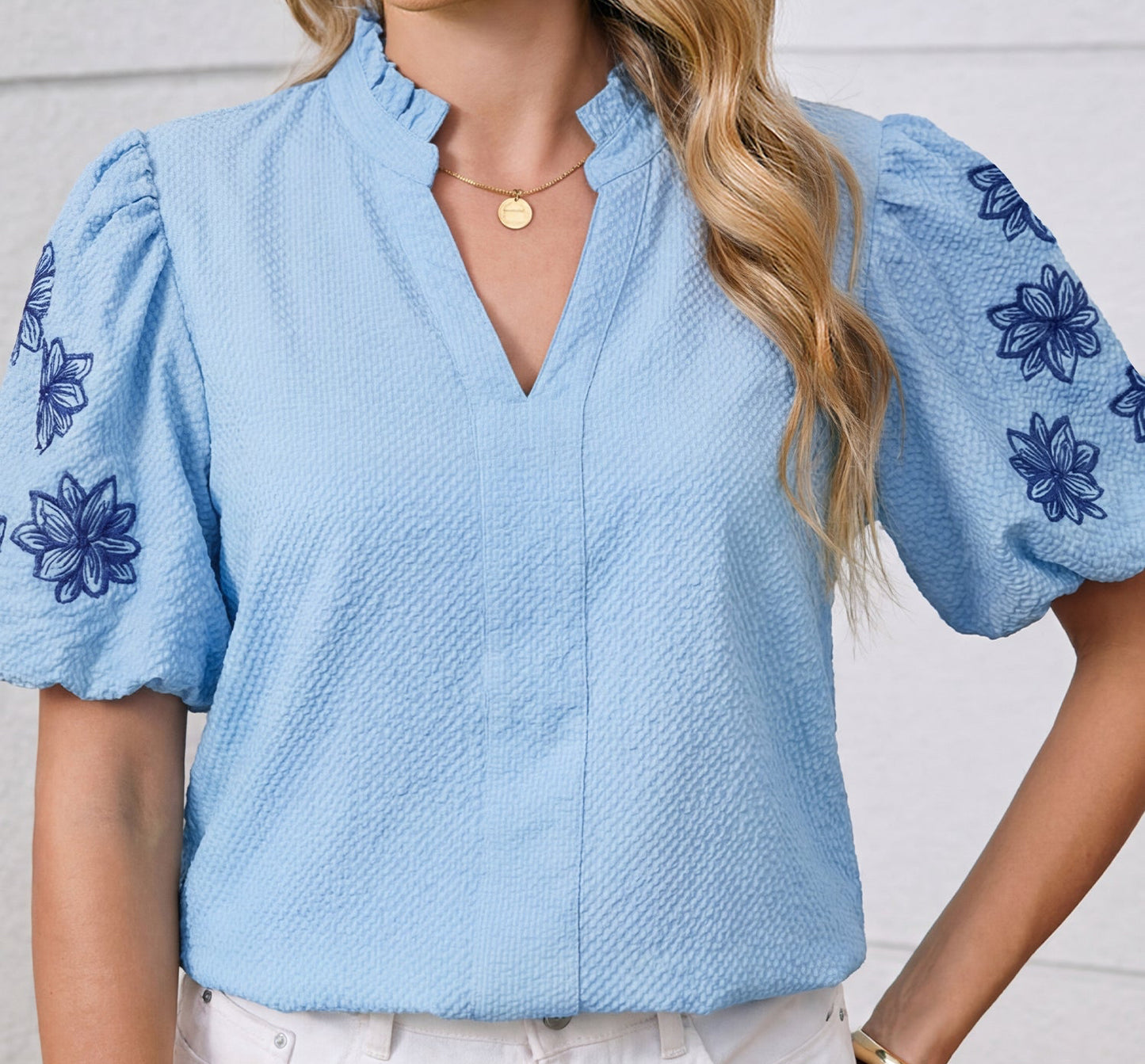Beau Blue Embroidered Puff Sleeve Blouse