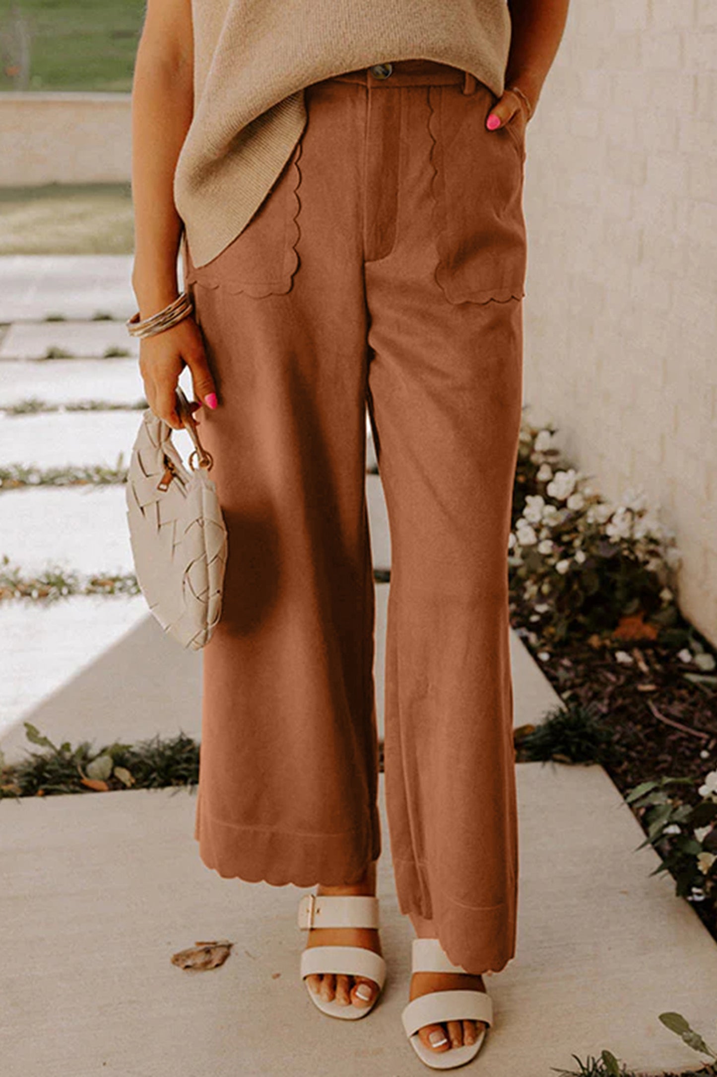 Rust Scalloped Pocket Wide Leg Pants