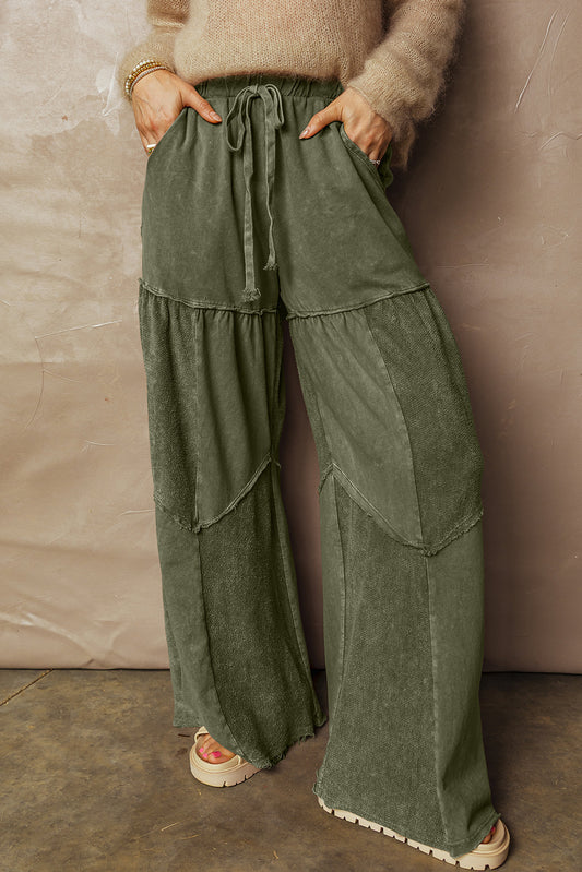 Olive Mineral Wash Tiered Wide Leg Pants
