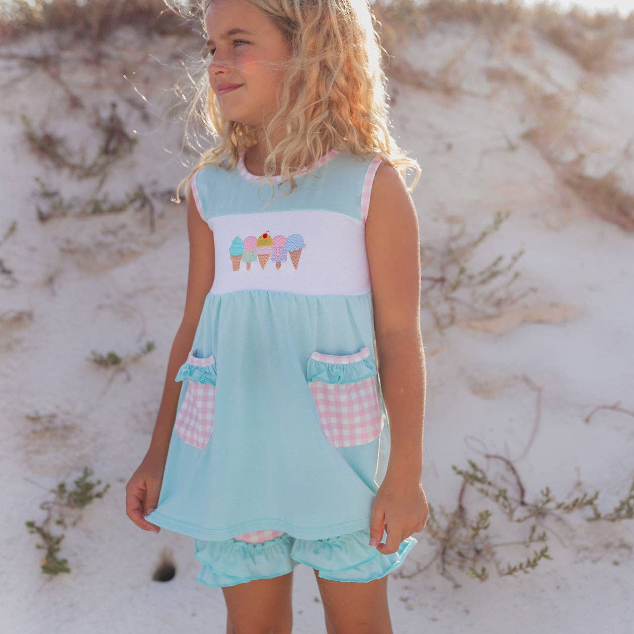 Kids Pastel Ice Cream Gingham Ruffle Spring Summer Short Set
