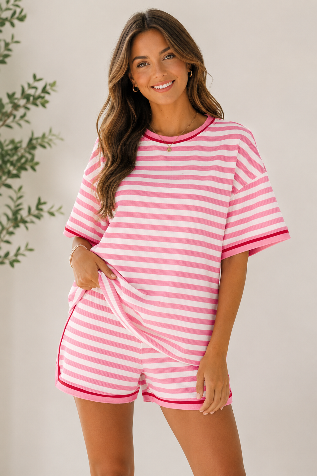 Pink Stripe Contrast Trim Short Set