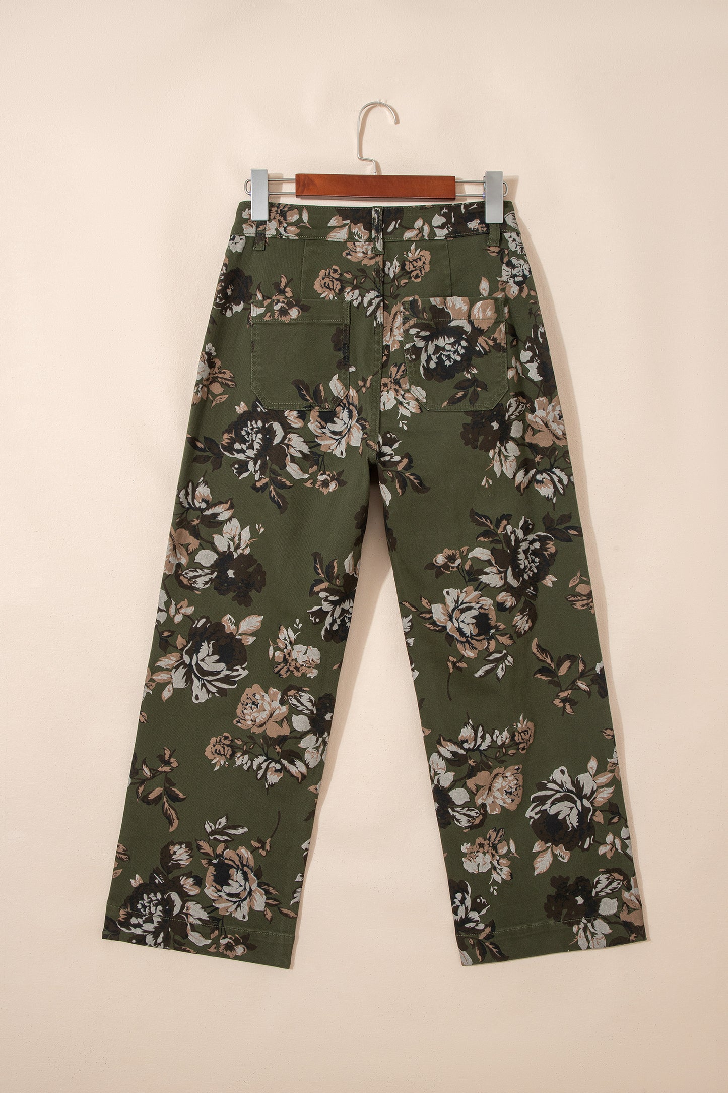 Olive Vintage Floral Patch Pocket Wide Leg Jeans
