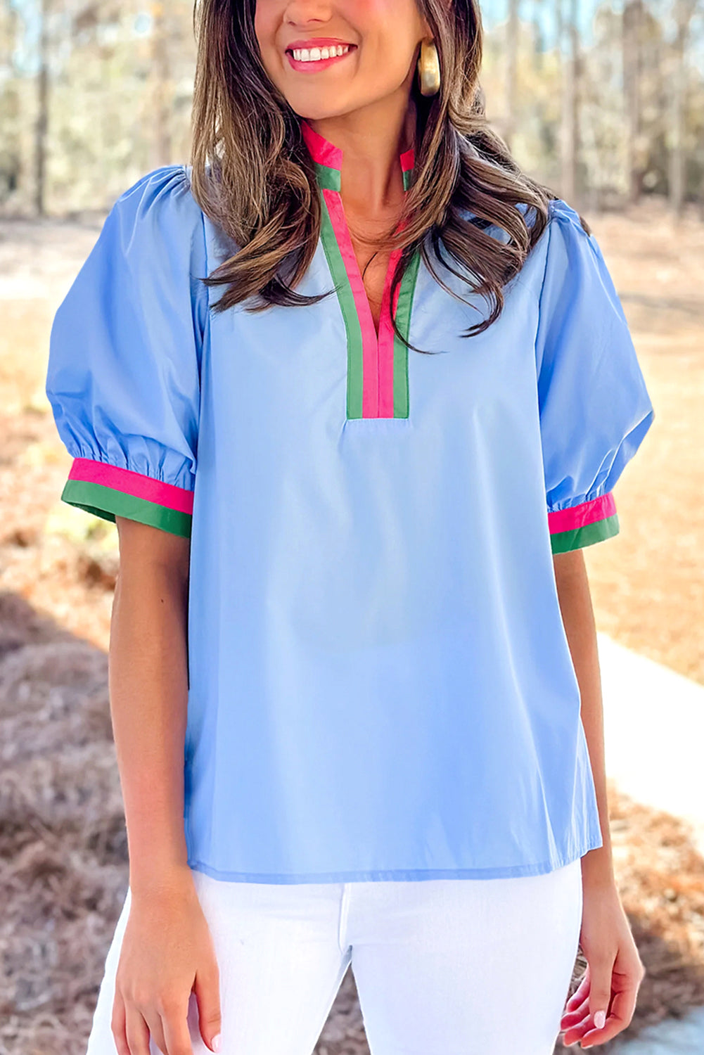 Blue Contrast Striped V Neck Collision Short Puff Sleeve Blouse
