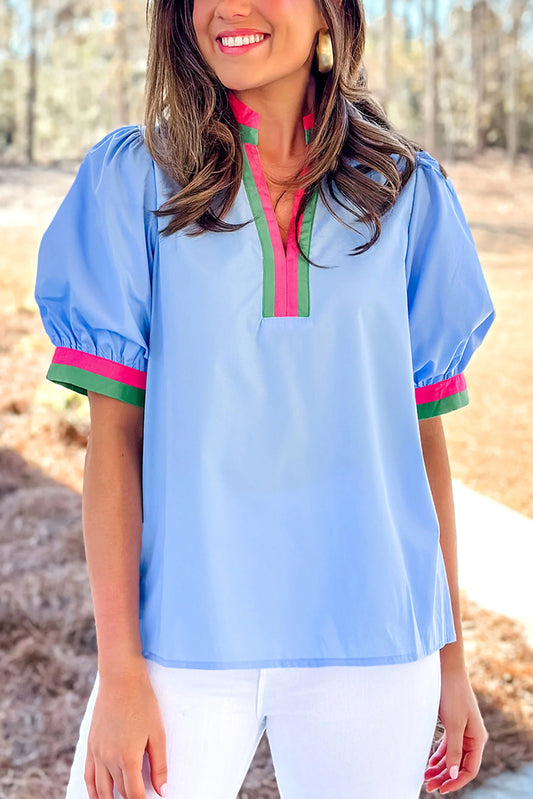 Blue Contrast Striped V Neck Collision Short Puff Sleeve Blouse