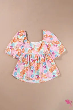 Pink Floral Puff Sleeve Square Neck Babydoll Blouse