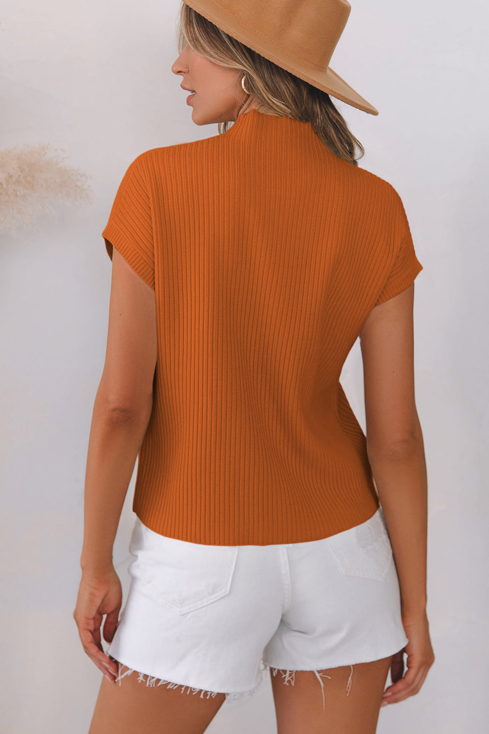 Rust Patch Pocket Ribbed Knit Short Sleeve Sweater