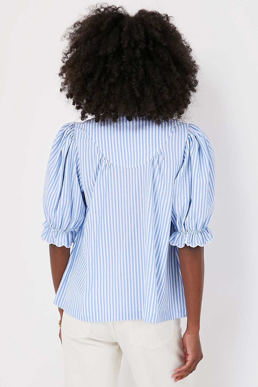 Blue Striped Ruffle Collar Blouse – Puff Sleeve