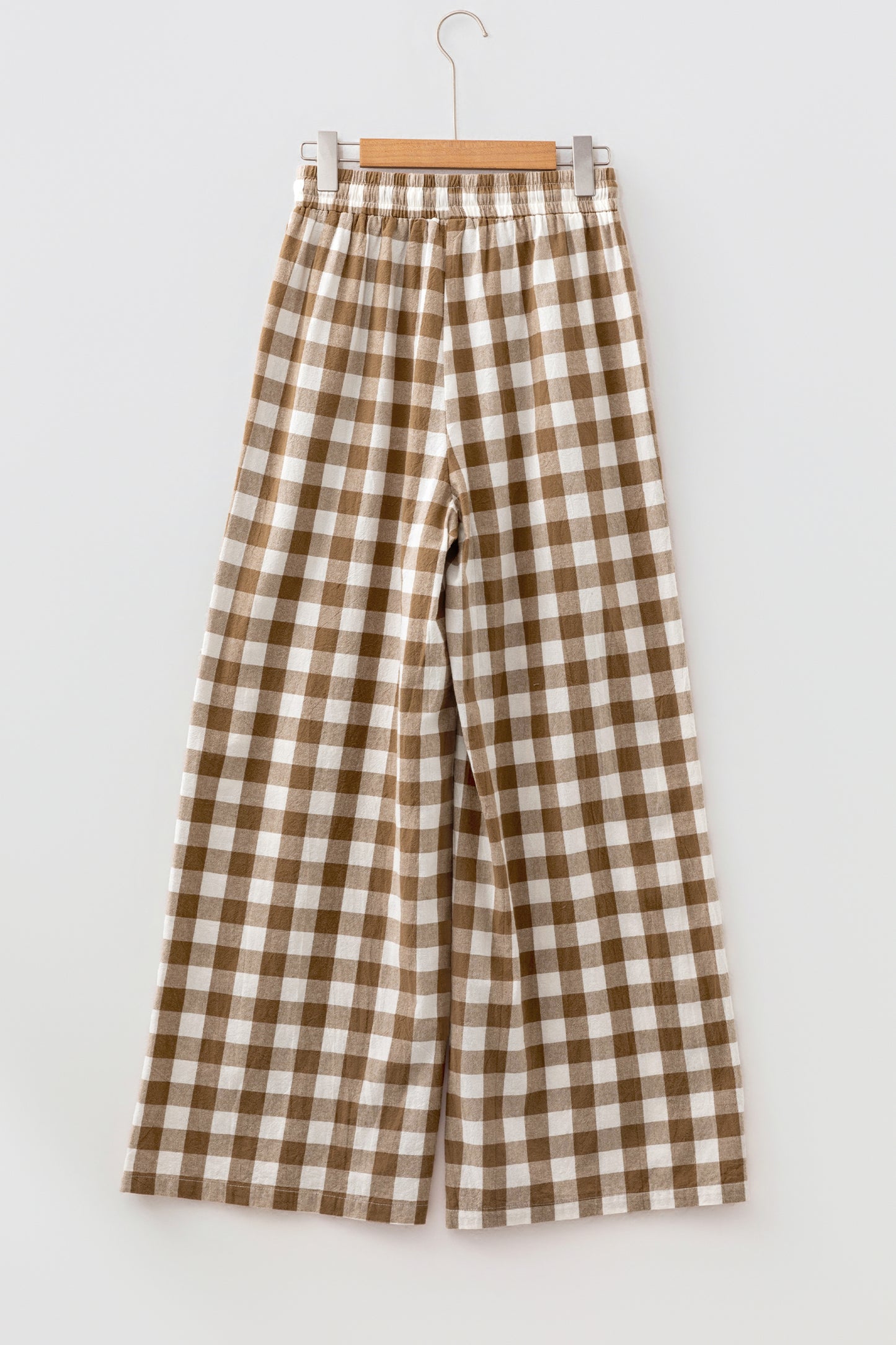 Brown Gingham Plaid Tie Elastic Waist Pants