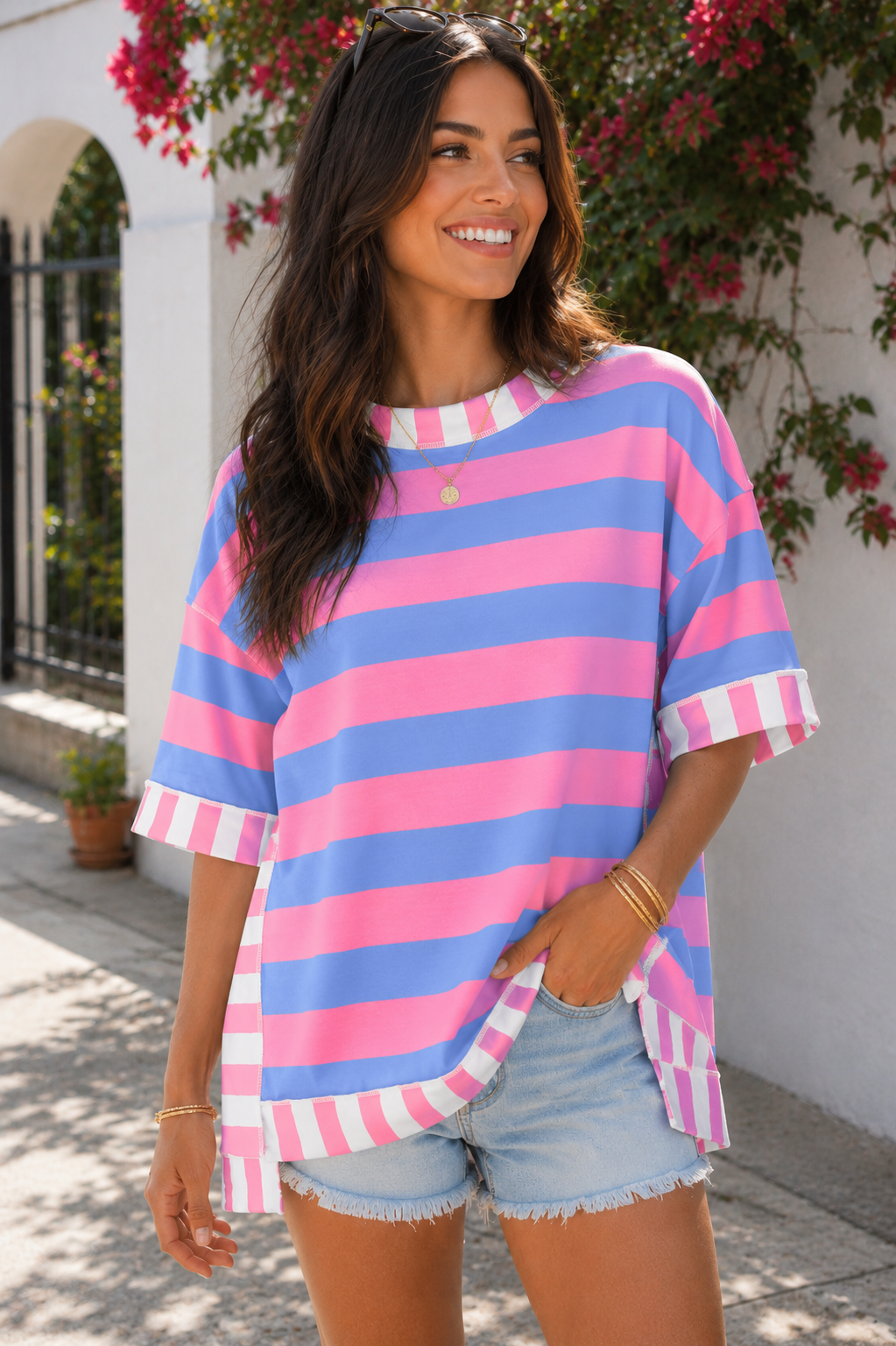 Pink Stripe Exposed Seam Oversized Top