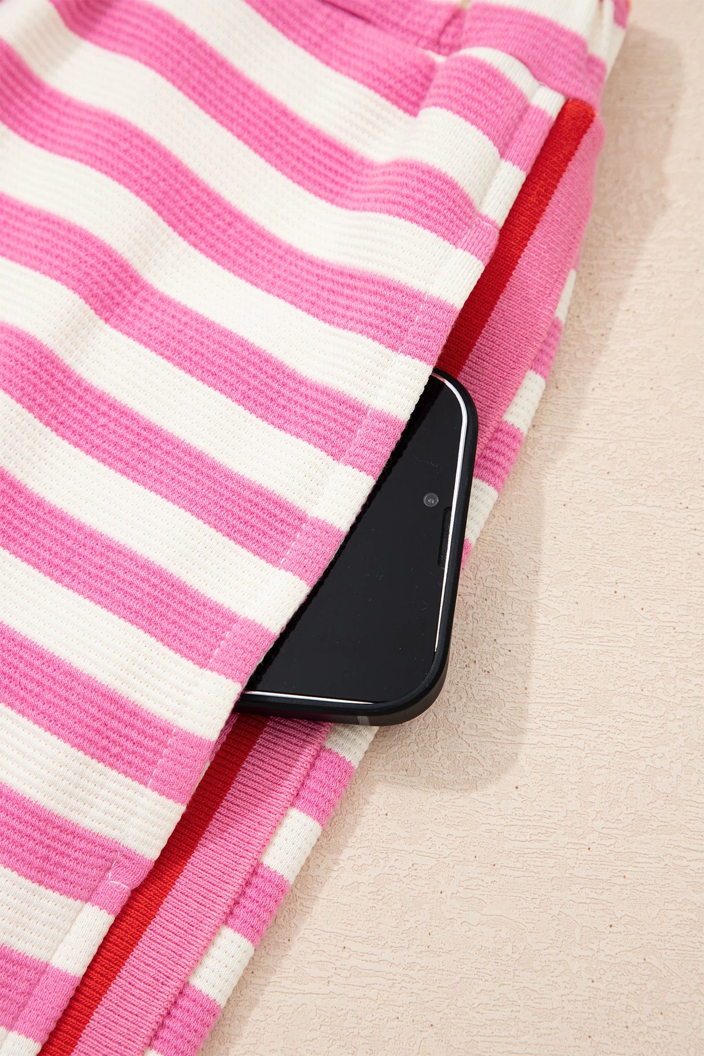 Pink Stripe Contrast Trim Short Set