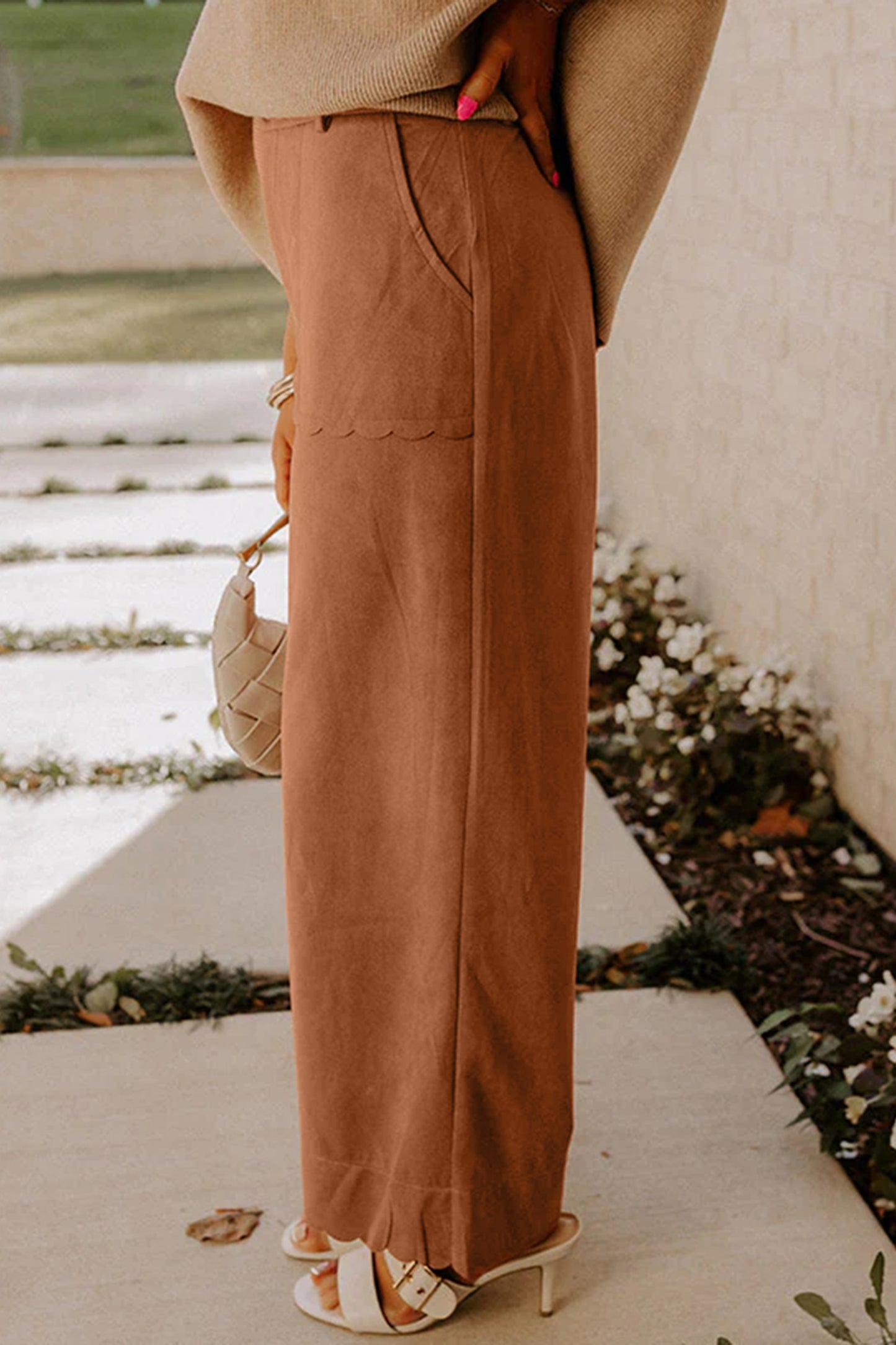 Rust Scalloped Pocket Wide Leg Pants