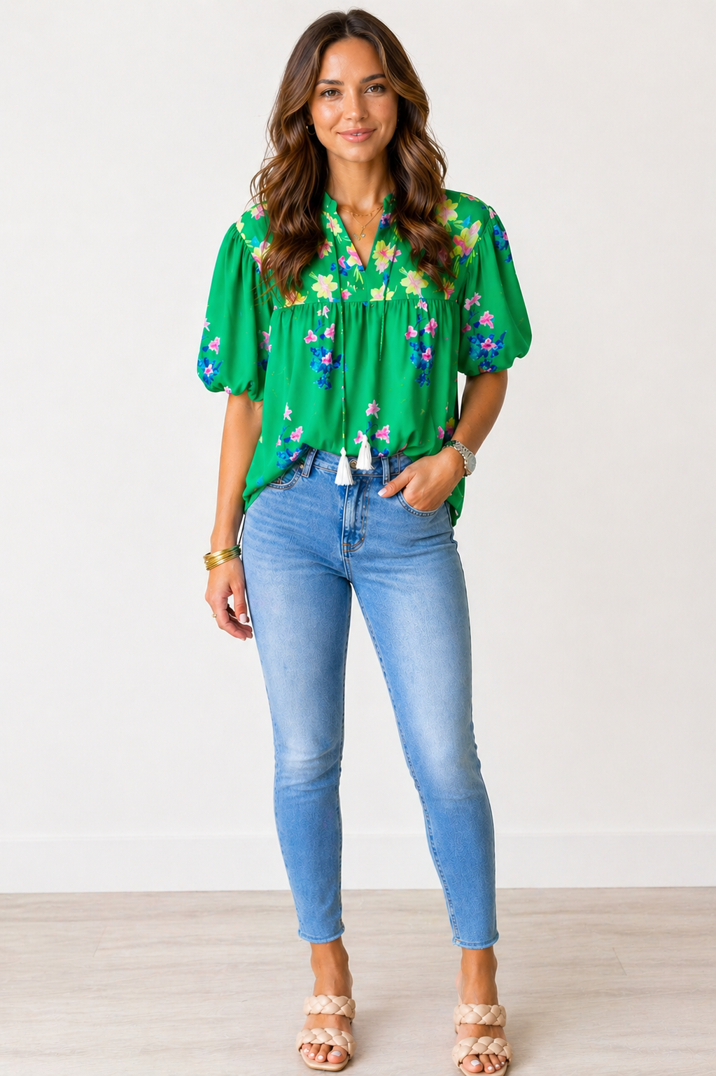 Green Floral Detail Tie Split Neck Short Sleeve Blouse