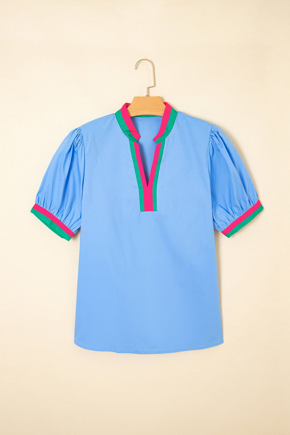Blue Contrast Striped V Neck Collision Short Puff Sleeve Blouse