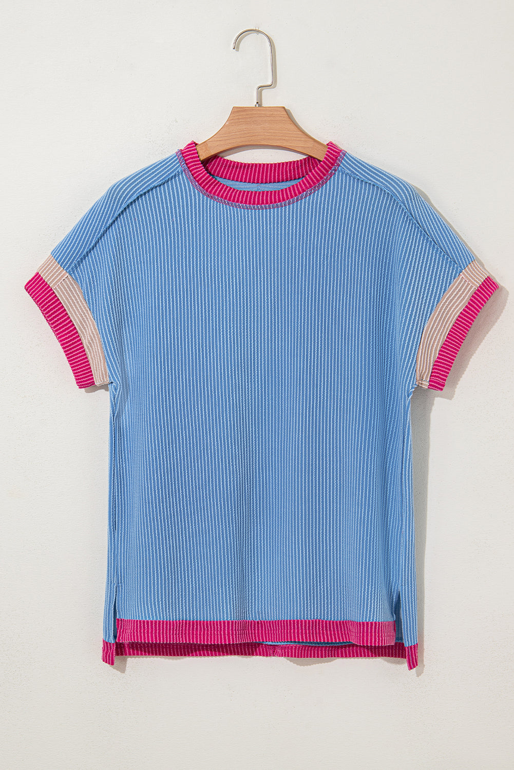 Blue Textured Contrast Trim Round Neck Shirt